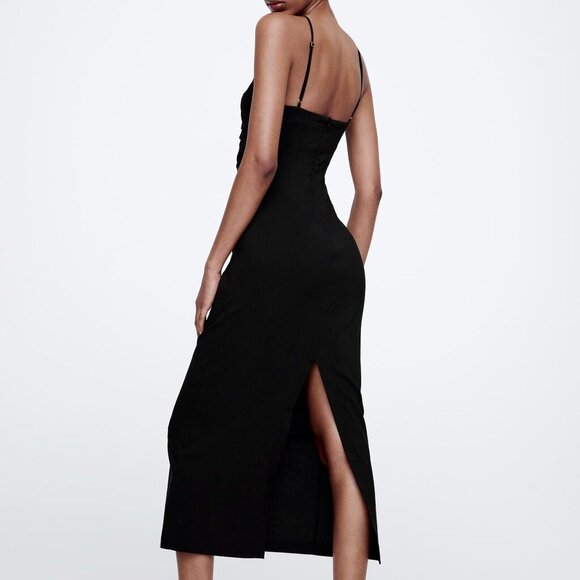 ZARA Cut Out Midi Dress, Wooden Bead Detail, Black, XS - Picture 5 of 12